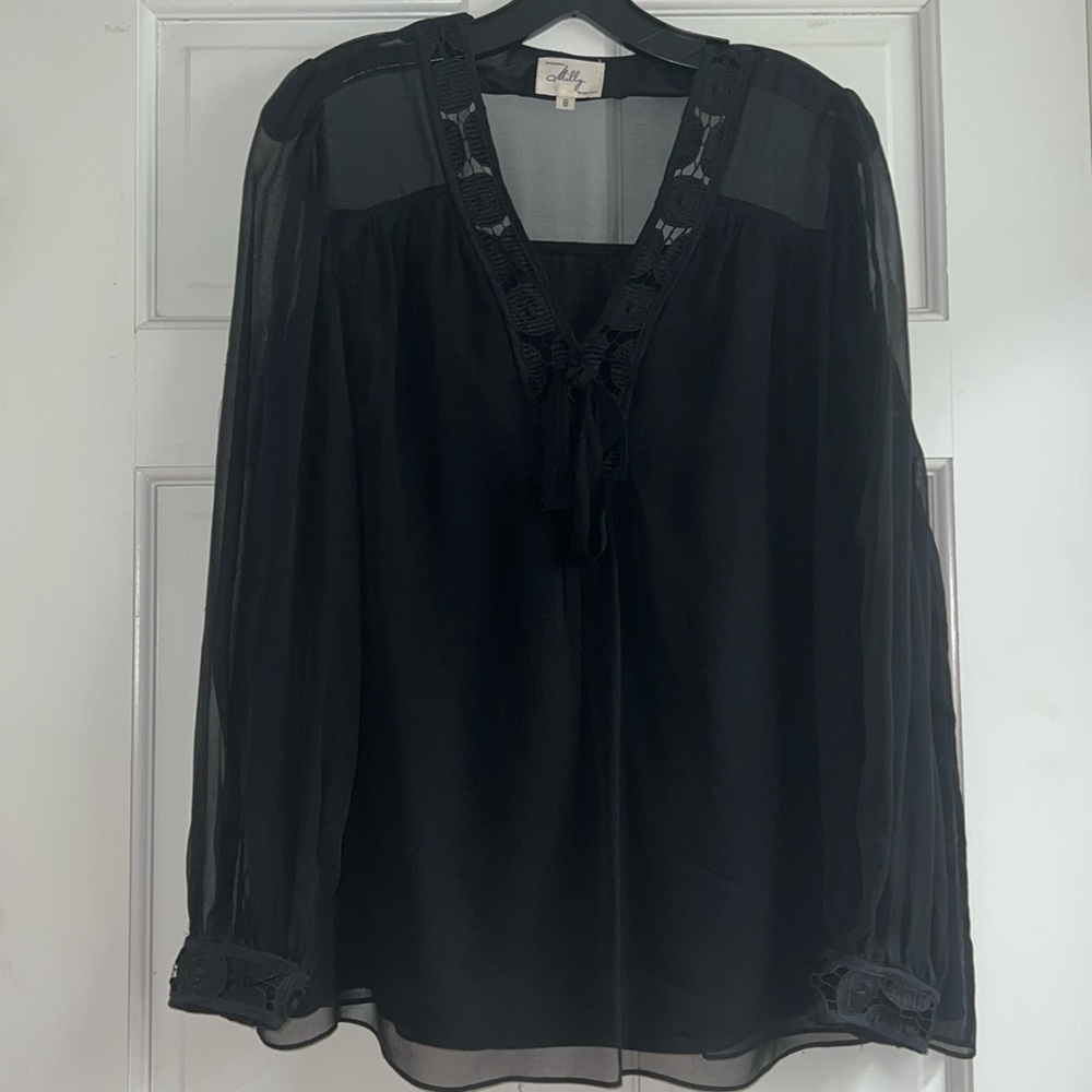 Milly long sleeve with sheer sleeves, black blouse women’s size 8